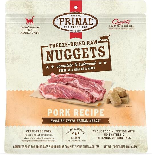 Primal Freeze Dried Raw Cat Food Nuggets Pork, Complete & Balanced Meal or Topper, Premium, Healthy, Grain Free, High Protein Raw Cat Food with Probiotics (14 oz)