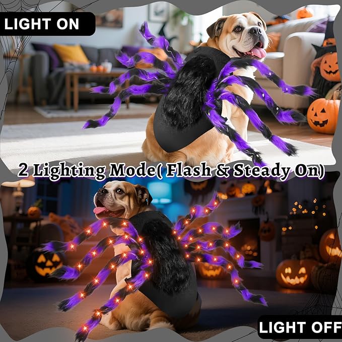 Camlinbo 24 LED Spider Dog Halloween Costume for Small Medium Large Dogs, Furry Spider with LED Lights Puppy Pet Costume Outfits Clothes Funny Halloween Costume Party Cosplay