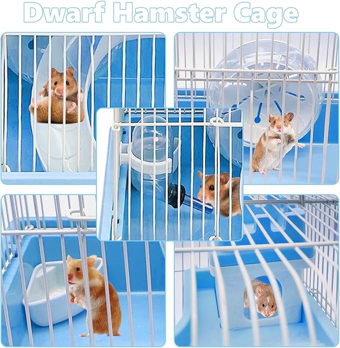 PINVNBY 2-Tier Dwarf Hamster Cage, Travel Portable Mouse Cage Gerbil Cages and Habitats Small Animal Carrier with Castle House Running Exercise Wheels, Water Bottle and Food Dish(Gray)