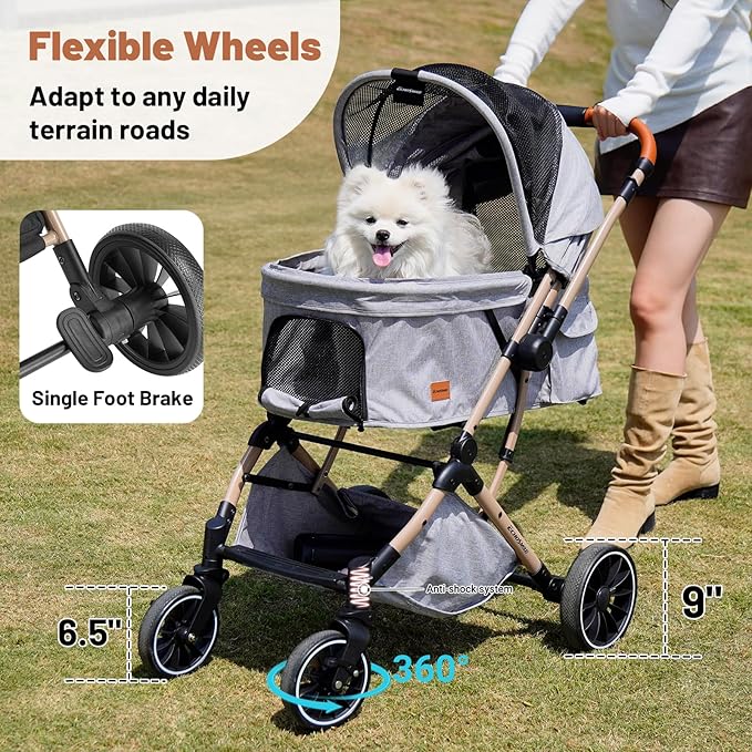 EchoSmile Small Medium Dogs Stroller 4-Wheel Pet Strollers for Medium Dogs Up to 50lbs, One Click Folding Large Cat Stroller, Reversible Handle, Shock Absorbing Wheels, Removable Washable Pad