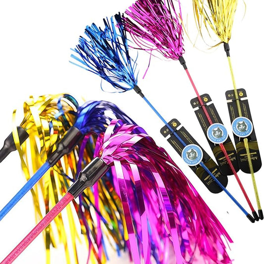 ADUCK Interactive Cat Teaser Wand Toy with Tassels - Durable Cat Chaser for Indoor Kitten Exercise, Boredom Relief & Training Play, Pack of 3 (Gold, Blue, Pink)