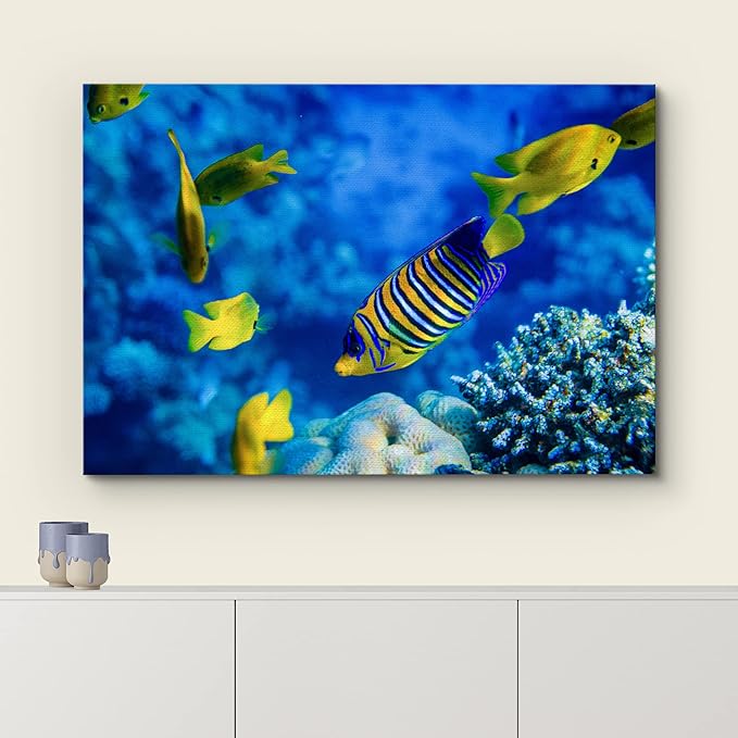 wall26 Canvas Print Wall Art Striped Yellow Tropical Fish Coral Reef Sea Nature Animals Photography Realism Rustic Scenic Landscape Wilderness Colorful for Living Room, Bedroom, Office - 16"x24"