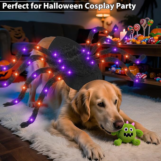 Camlinbo 24 LED Spider Dog Halloween Costume for Small Medium Large Dogs, Furry Giant Spider with Orange Purple Lights Puppy Pet Costume Outfits Clothes Funny Halloween Costume Party Cosplay
