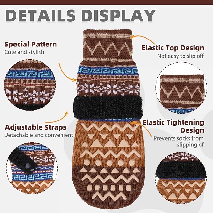 KOOLTAIL Dog Socks to Prevent Licking Paws for Hardwood Floors Anti Slip, Winter Warm Pet Boots&Paw Protector with Grippers, Double Sides Dog Shoes Booties for Small Medium Large Senior Dogs Khaki L