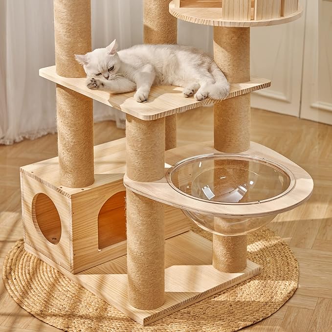 Modern Multi-Level Large Real Solid Wood Cat Tree, Luxury Wooden Cat Tower Cat Condo with Multi-Layer Platform for Indoor Cats