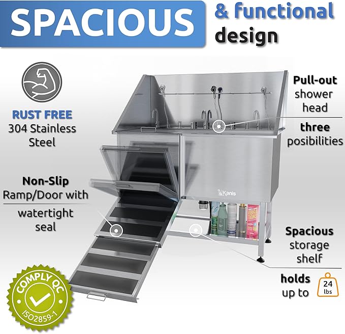 KANIS Professional Dog Washing Station - 304 Stainless Steel Pet Wash Sink & Grooming Bath Tub for Home with Ramp, Shower, Floor Grate, Storage Shelf, Faucet, Drain Kit for Large, Medium & Small Pets