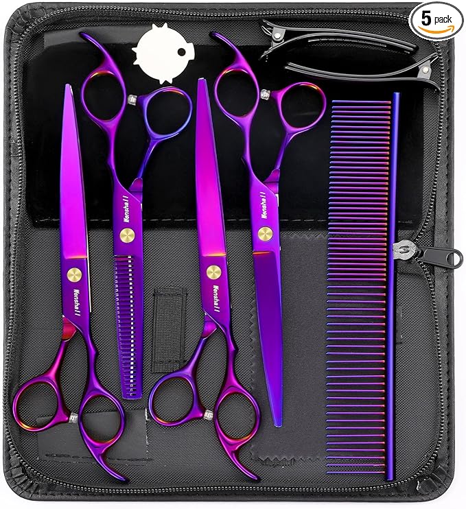 Professional Dog Grooming Scissors Set - 6.5" Thinning, 7" Straight, 7" Up-Curved, 7" Down-curved Scissors and Comb for Dog Cat Pet (Purple)