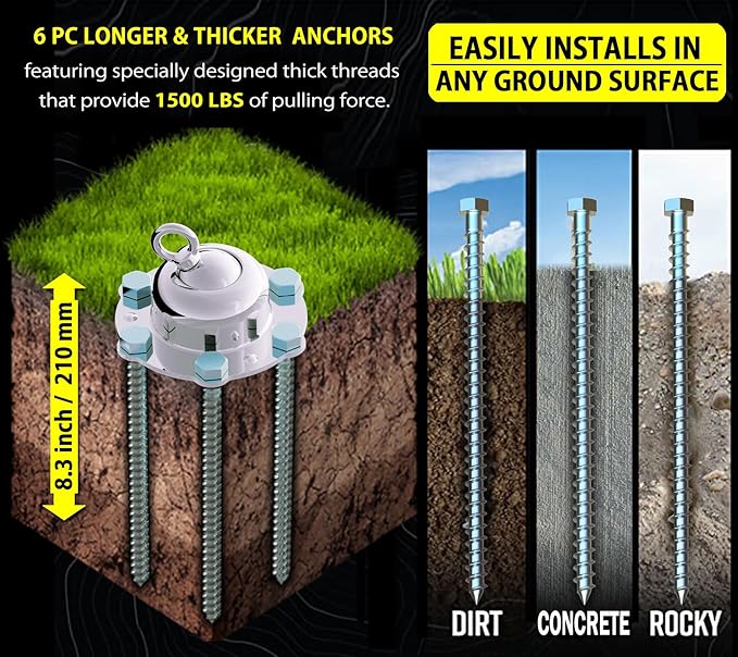 360° Swivel Dog Tie Out Stake with Upgrade 6 Screw Dog Anchors, Heavy Duty & Rust Proof Dog Stake Can Holds 1000Lbs of Pull Force, Up to 150lbs Dogs Perfect to Camping Yard Outdoor (Silver)