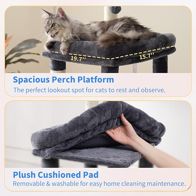 Heybly Heavy Duty Cat Tree, 71-Inch Tall Tower for Large Maine Coon with Extra-Large Baseboard, Cat Condo Furniture with Multi-Level Platforms, 2 Hammocks and 12 Scratching Posts, Smoky Gray HCT037G