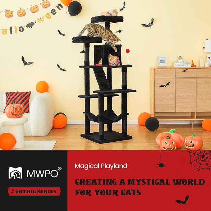 MWPO Gothic Large Cat Tree, 70.1-Inch Multi-Level Tall Cat Tower for Indoor Cats, Plush Cat Condo with Big Padded Perches, Sisal-Covered Scratching Posts, Hammock, Toys for Kittens & Cats, Black