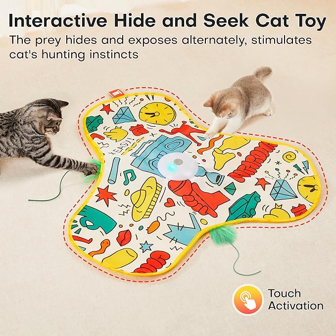 Potaroma Interactive Cat Feather Toys, Hide and Seek Concealed Moving Feather Wand, Rechargeable Touch Activated Indoor Kitten Exercise Kicker, Mouse Squeaky, Graffiti Cover