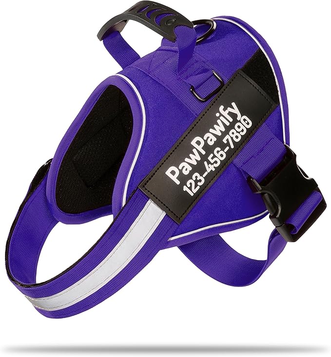 PawPawify Custom No Pull Dog Harness with Name and Phone Number, Heavy Duty Personalized Pet Vest to Prevent Tugging, Pulling, or Choking, Training and Walking (New Purple, XL (60-85 LBS))