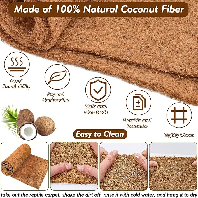 ZeeDix 3 Rolls Coconut Fiber Reptile Substrate Mat, 24 x 48 inches Natural Coco Mat Reptile Carpet Coco Fiber Liner Turtle Bedding Reptile Terrarium Liner for Lizard Snake Turtle Gecko Bearded Dragon