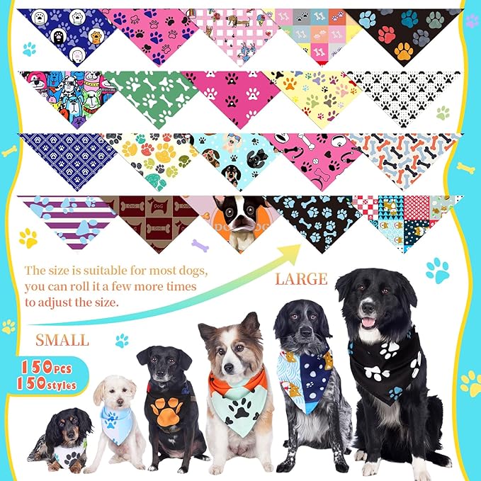 150 Pcs Dog Bandanas Bulk Pet Bibs Colorful Triangle Scarf Pet Bandanas for Medium Large Dogs Spring Summer Birthday Costume Decoration (Paw)