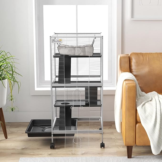 PawHut Metal Small Animal Cage, 4-Tiers Rolling Big Ferret Cage with Hammock, Removable Tray, for Chinchilla, Sugar Glider, White