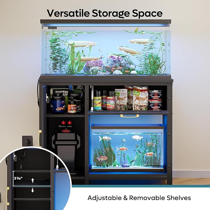 Bestier 40-50 Gallon Fish Tank Stand with Power Outlet&LED Light, 37x18 Heavy-Duty Metal Aquarium Stand with Cabinet&Drawer for Accessories Storage, Suit for Reptile/Turtle Terrarium,660Lbs Capacity