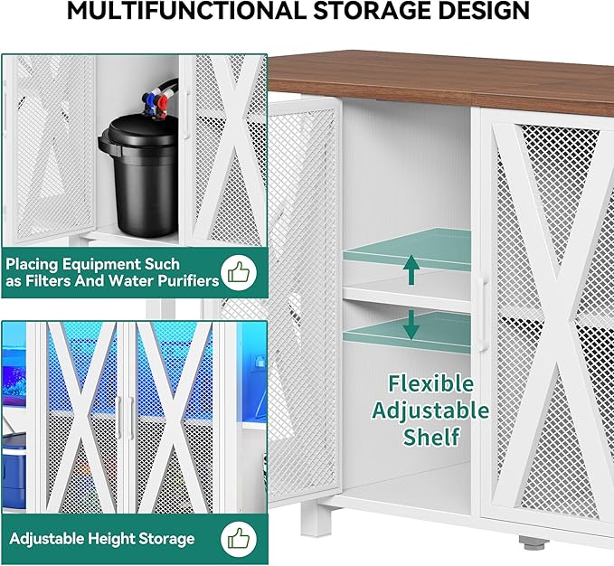 YITAHOME 90-120 Gallon Reptile Tank Stand with Power Outlet & LED Light, Heavy Duty Aquarium Stand with Accessories Storage Cabinet - Metal Fish Tank Stand for Turtle, Reptile, 2000LBS Capacity, White