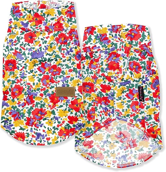 Parisian Pet Floral Pattern Dog Shirt - 100% Cotton Summer Clothes - Stylish Beach Outfit - Hook and Loop Closure - Machine Washable - Medium Size