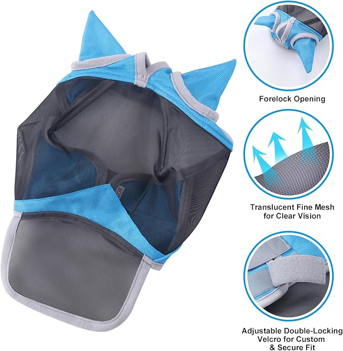 Horse Fly Mask with Ears & Long Nose Cover | Forelock Opening for Tangle-Free Mane Care | UV Protection & Breathable Mesh | No Rub Fit and Enhanced Visbility for Trail Riding Paleblue Full