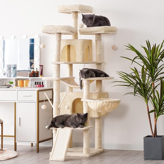 Hey-brother Cat Tree, 71 inches XL Large Cat Tower for Indoor Cats, Multi-Level Cat House with 3 Padded Perches, Big Scratcher, Cozy Basket, 2 Cat Condos and Scratching Posts, Beige MPJ034M