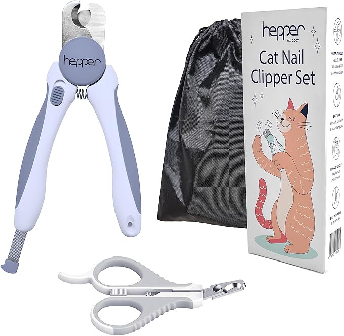Hepper Cat Nail Clipper Kit - Small and Large Sharp Cat Claw Clippers with Added Nail File and Storage Pouch - Cat Nail Clippers with Safety Guard and Lock - Professional Cat Manicure …