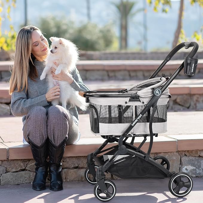T3 3 in 1 Small Pet Stroller for Dogs & Cats, 4 Wheels for Dogs with Detachable Carrier with Pad, Canopy and Cup Holder, Grey