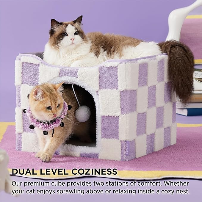 Lesure Indoor Cat Beds Kitten House - Large Cat Cave for Pet Cube with Fluffy Ball Hanging, Foldable Small Animal Hideaway, 16.5x16.5x13 inches, Lavender Checks