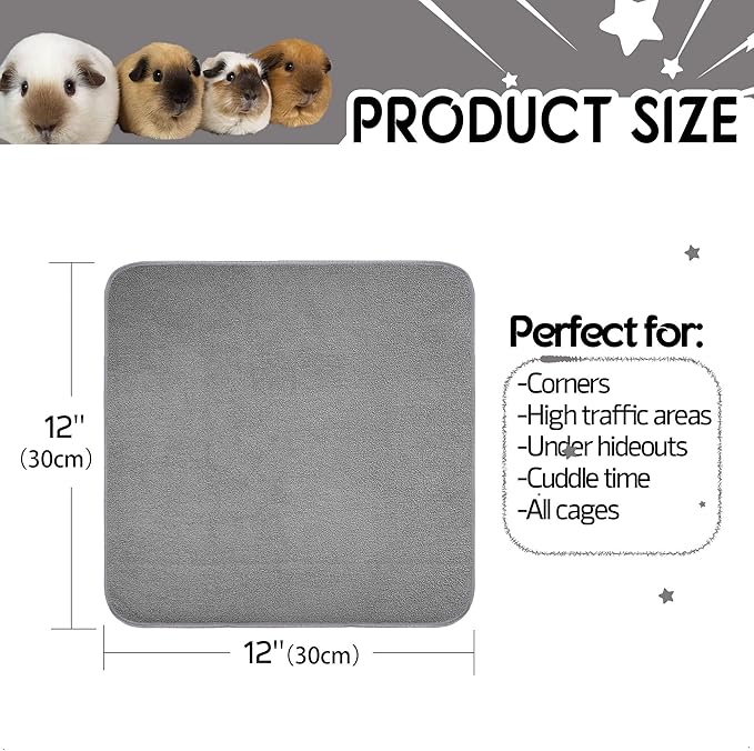 Guinea Pig Cage Liner, 8 Pack - Washable, Reusable, Leakproof Fleece Bedding Pads for Small Animals with Anti-Slip Bottom - for C&C 12''X12'' Area, Gray