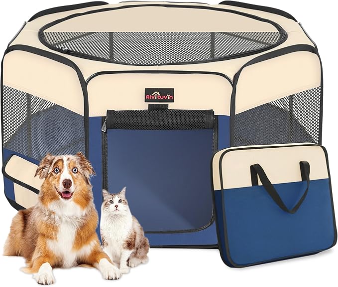 Aivituvin Dog Playpen, Foldable Pet Play Pens with Carrying Bag for Cat, Puppies, Rabbits, Portable Dog Tent Crates Cage for Travel Camping Indoor Outdoor, Removable Shade Cover, Blue L