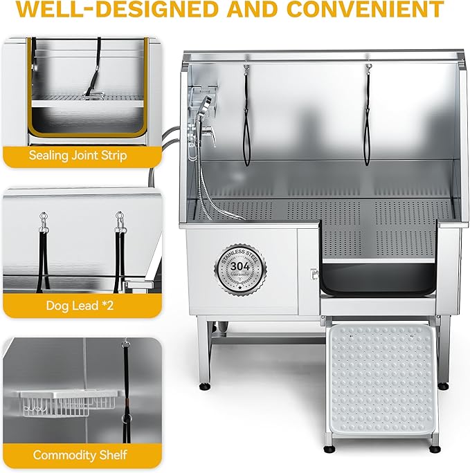 DWVO Professional Pet Dog Bathing Station for Grooming, 50'' Dog Grooming Bathtub with Right Ramp, Floor Grate, Faucet, Showerhead & Soap Holder for Large, Medium & Small Pets