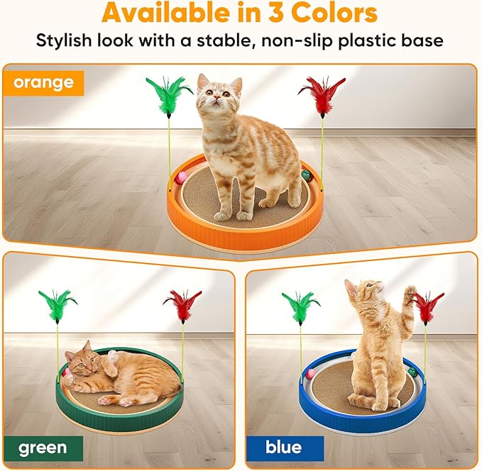 20-Inch Round Cat Scratcher with Ball Track – 3-in-1 Cardboard Cat Scratching Pad with Feather Toys, Non-Slip Base – Interactive Cat Toy for Indoor Cats, Kitten Scratch Play Lounge Board (Orange)