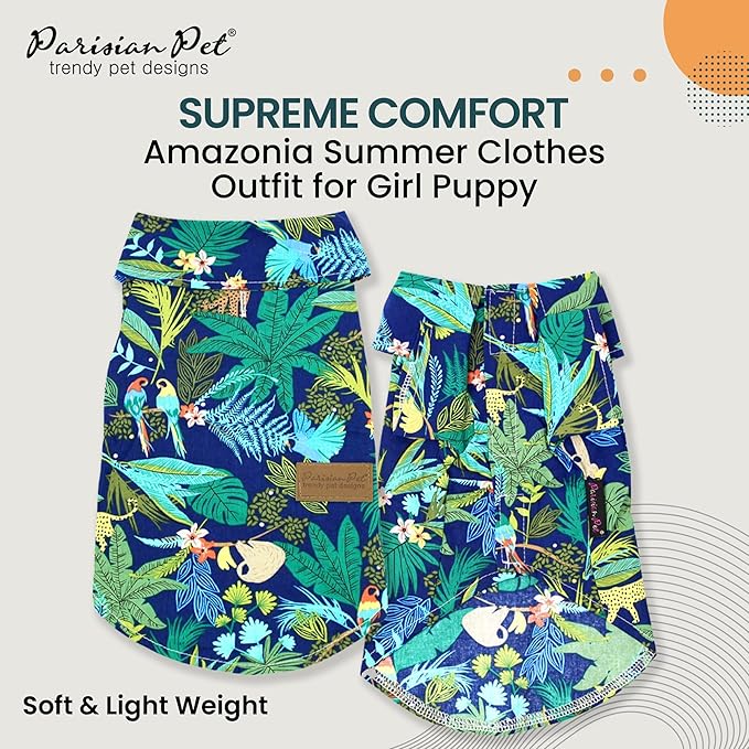 Parisian Pet Unisex Amazonia Shirt - Leafy Beach Outfit - Cotton Summer Clothes - Stylish Hook and Loop Dog Costume - Machine Washable for Large Dogs - XL