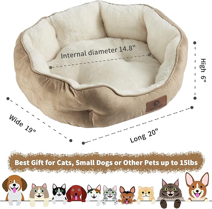 Asvin Small Dog Bed for Small Dogs, Cat Beds for Indoor Cats, Pet Bed for Puppy and Kitty, Extra Soft & Machine Washable with Anti-Slip & Water-Resistant Oxford Bottom, Light Brown, 20 inches