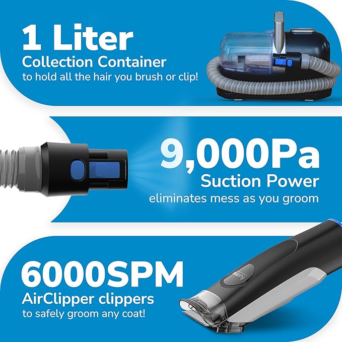 Original Pet Grooming Vacuum Kit - Cat & Dog Grooming Kit for Easy Pet Care at Home, Quiet & Safe Dog Hair Remover Machine with Brush, Clipper, Shedding & Cleaner Tools & 1L Canister