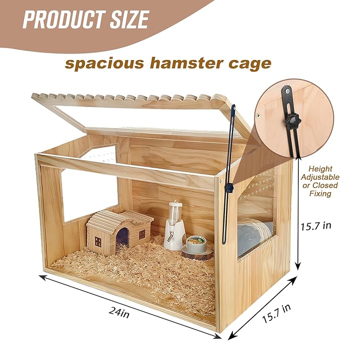 Wooden Hamster Cage, 24" Lx16 Wx16 H,Guinea Pig Cage, Small Animal Cage for Dwarf Syrian Hamsters Degus Mice & Other Small Pets. Hamster Habitat with Openable Top and Large Acrylic Sheets