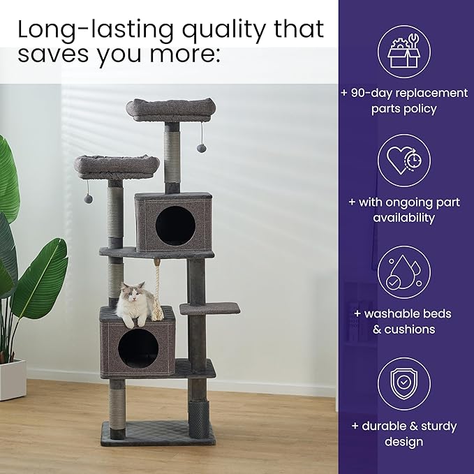 Catry® Stella 7-Level 67.5” Linen & Quilted Velvet Cat Tree with Recycled Paper Scratchers, Two Condos, Removable Beds, Toys, Easy to Clean, Ideal for Large Cats and Multi-Cat Homes (Zinc Gray)