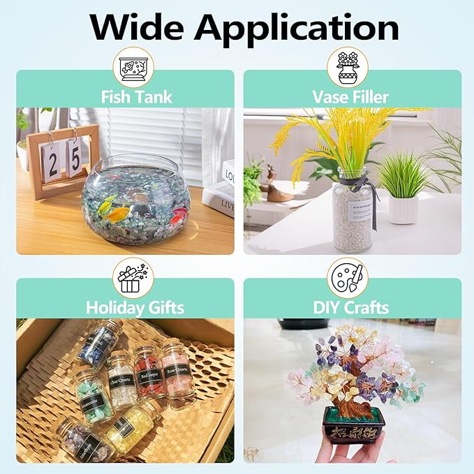 0.88 Lb Clear Quartz Crystal Chips Natural Tumbled Healing Crystal Chips Bulk Crushed Stones, Betta Fish Tank Gravel Rocks Clear Mini Pebbles for Aquarium, Vase Fillers, Succulent Plants Decor, 3-5 mm