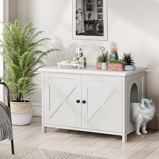 JY QAQA Cat Litter Box Enclosure,Litter Box Furniture Hidden with Barn Door,Wooden Cat Washroom Furniture,Cat House,Fit Most of Litter Box,White