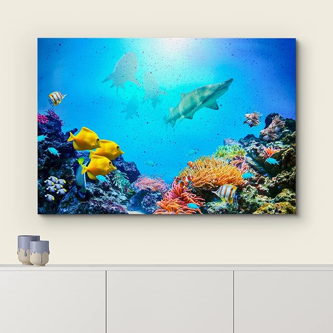 wall26 Canvas Print Wall Art Vibrant Coral Reef Shark Fish Anemone Reef Nature Animals Photography Realism Rustic Scenic Landscape Wilderness Earth for Living Room, Bedroom, Office - 16"x24"