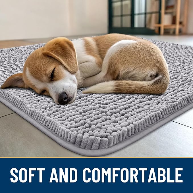 Smiry Dog Door Mat for Muddy Paws 47x24, Absorbs Moisture and Dirt Doormat, Non-Slip Washable Quick Dry Chenille Front Door Mat Indoor Entrance, Entryway Carpet for Inside Floor, Light Grey