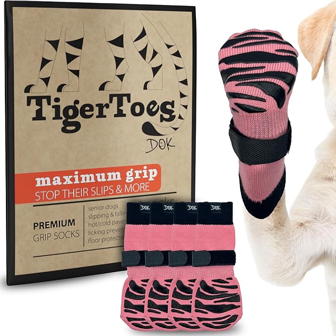 DOK TigerToes Premium Non-Slip Dog Socks for Hardwood Floors - Extra-Thick Grip That Works Even When Twisted - Prevents Licking, Slipping, and Great for Dog Paw Protection (Sassy Pink, Medium)