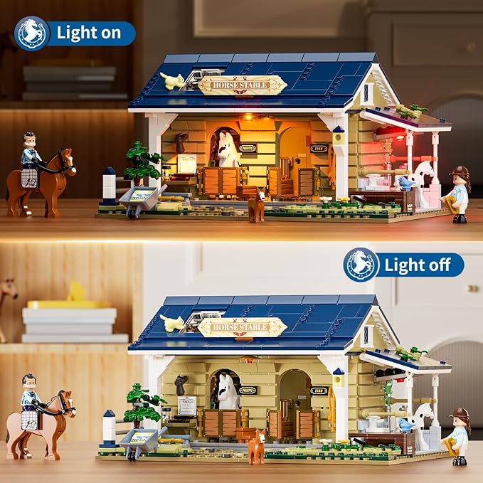 FUNWHOLE Farm Horse-Stable Lighting-Building-Bricks Set - Farm Life Horse Animals Cabin Collection LED Light Cottage Model Display Set 973 Pcs for Adults and Teen