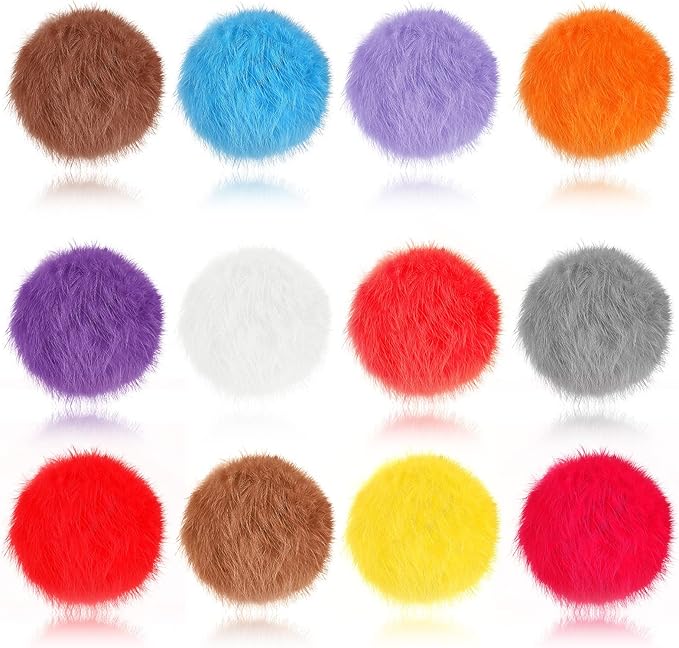 LEIFIDE 12 Pieces Real Rabbit Fur Pom Pom Kitty Cat Toy Fluffy Cat Balls Soft Fuzzy Balls for Kitty Pets Kitten Chase Quiet Play, 3 Inches in Diameter(Bright Color)