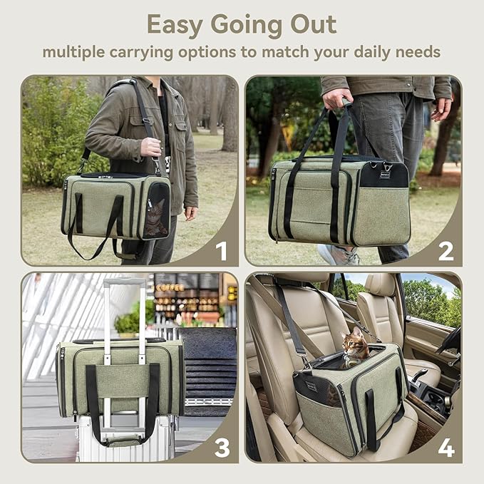 Petsfit Expandable Rabbit Carrier Cat Carriers, 16 Inch Airline Approved Pet Carrier with 2 Extensions, Soft Washable Cushion, Self-Locking Zipper Head, Built-in Safety Rope, Fit for Travel