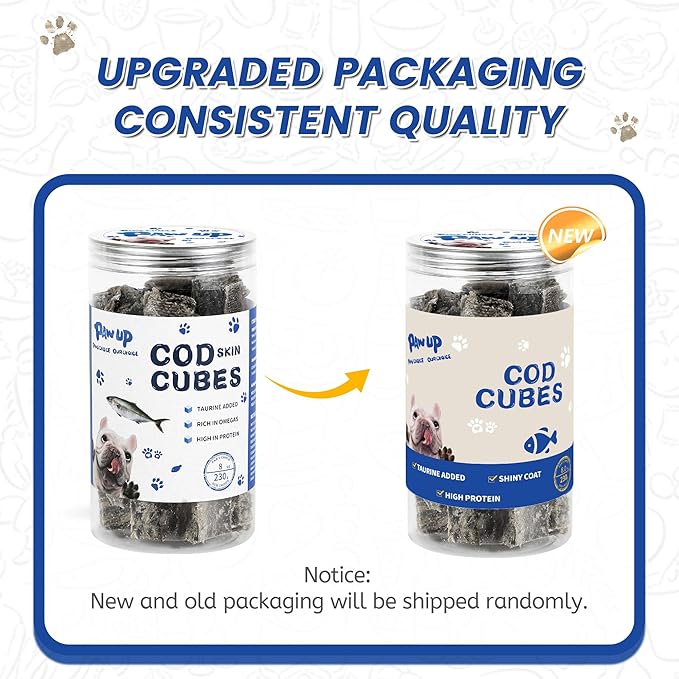 Cod Skin Cubes Dog Treat, Chew Fish Skins Rolls w/Taurine, One-Ingredient Grain Free Healthy Dog Treat, Rich in Omega3, 8 oz