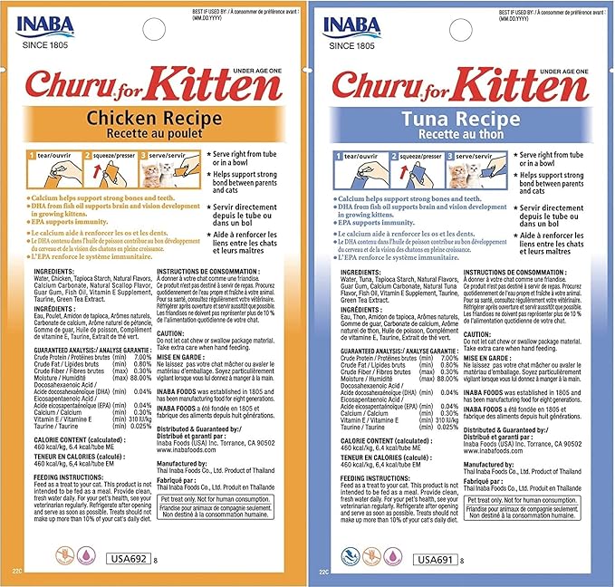 INABA Churu for Kittens, Grain-Free Creamy, Purée Lickable Cat Treats with DHA, EPA, Vitamin E & Taurine, 0.5 Ounces Each, 24 Tubes (4 per Pack), 2 Flavor Variety Pack