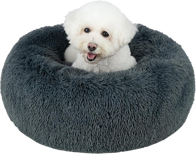 Best Pet Supplies Round Donut Dog Bed with Plush Faux Fur Fabric, Calming, Anti-Anxiety Cushion for Indoor Pets, Slip-Resistant Base, Soft Ergonomic Support - Gray, 24x24x7''