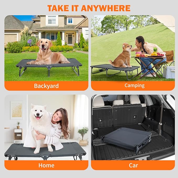 Elevated Dog Bed for Large Pet with No-Slip Feet, Foldable Portable Washable Raised Bed for Indoor&Outdoor Camping Dog Cot, with Cooling Waterproof Breathable Mesh (Large, Black-Textilene)