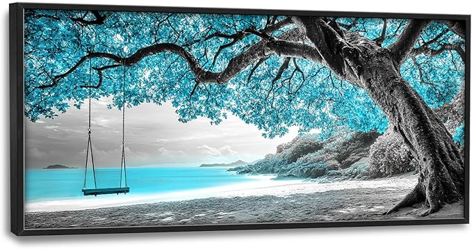 Extra Large Framed Abstract Tree Wall Art,Black and White Tree of Life Wall Decor,Blue Teal Sea Pictures for Living Room,Canvas Print Painting Modern Artwork Bedroom Office Bathroom 60L x 30W
