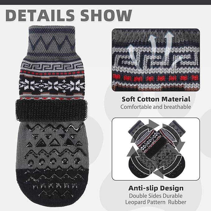 KOOLTAIL Dog Socks to Prevent Licking Paws for Hardwood Floors Anti Slip, Winter Warm Pet Boots&Paw Protector with Grippers, Double Sides Dog Shoes Booties for Small Medium Large Senior Dogs Grey M